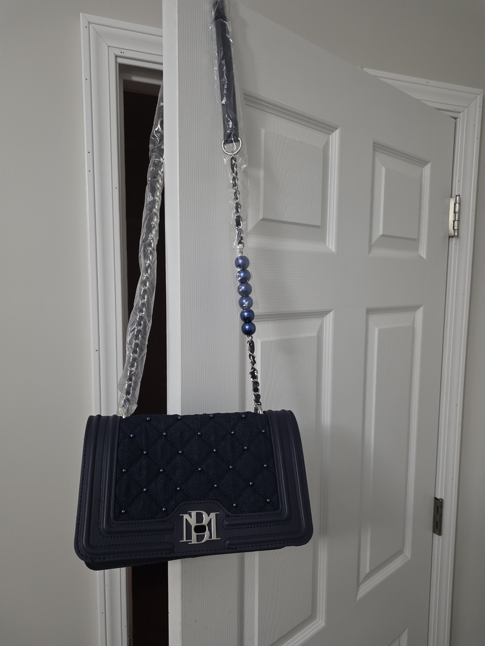 Badgley Mischka Navy Crossbody Bag with Pearl Accent